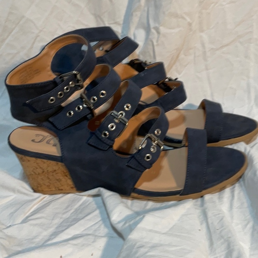 Stylish Strappy Navy Blue Wedges with Buckle Detail